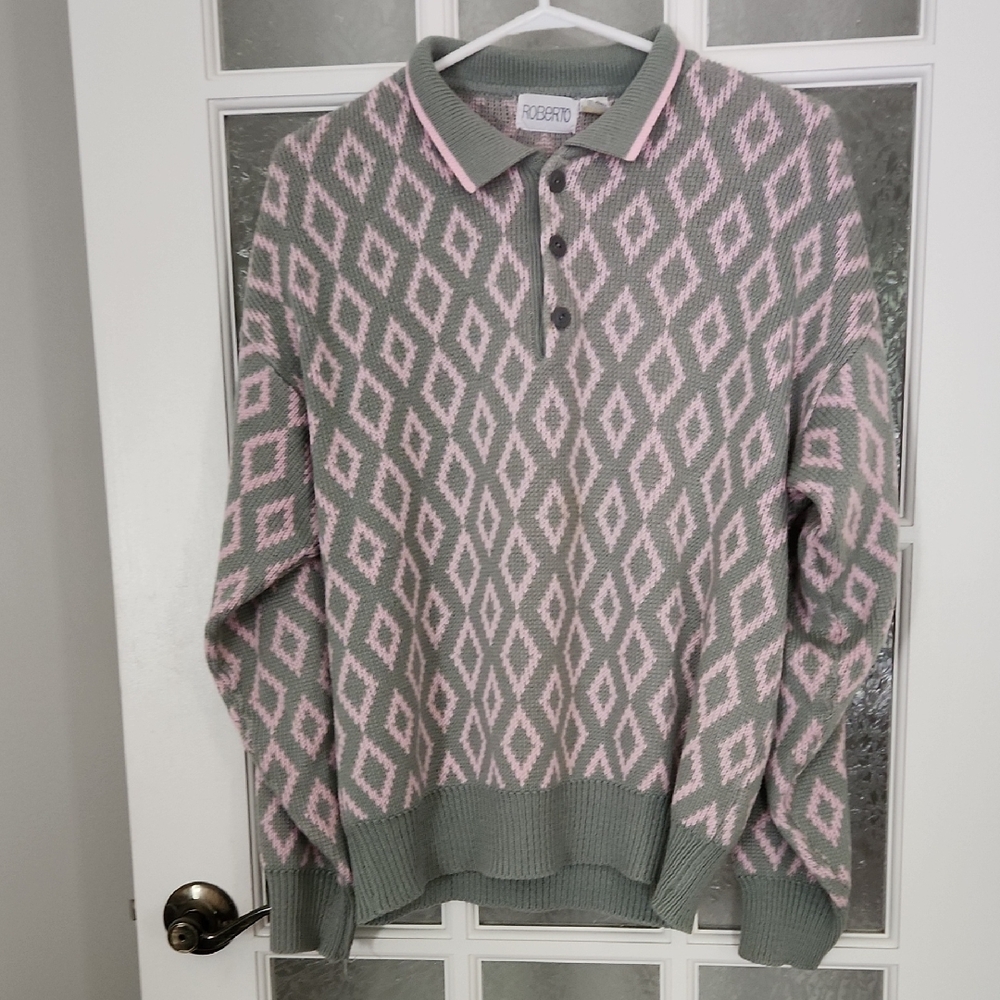 Vintage Gray and Pink Geometric Men's Sweater